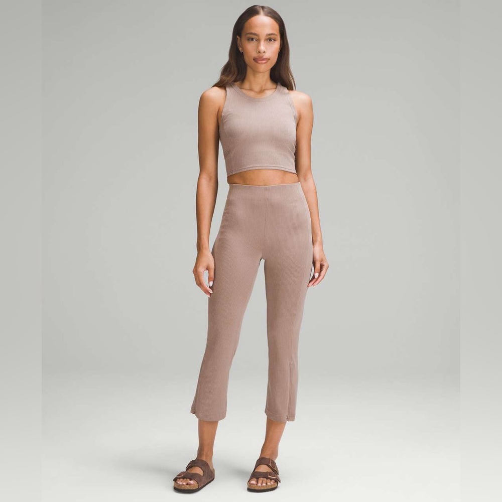 Lululemon Ribbed Softstreme Zip-Leg High-Rise Cropped Pant 25"-Taupetastic-Sz 14